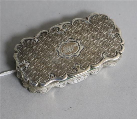 A Victorian engine turned silver vinaigrette (lacking grille), by Hilliard & Thomason, Birmingham, 1850, 55mm.